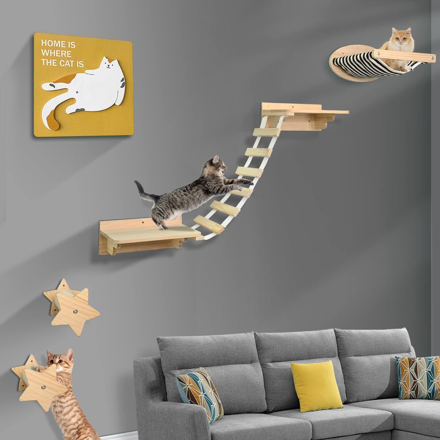 壁取り付け式猫用シェルフセット - 猫 壁 家具 クライミング 棚 猫 ハンモック パーチ スクラッチポスト 猫 アクティビティ ツリー クライミング ブリッジ ラダー ステップ 屋内