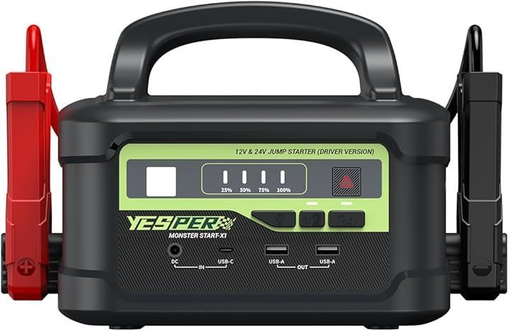 YESPER ジャンプスターター 12V|24V車用 プロ 大型トラック対応 58800mAh 6000Aピーク電流 長寿命 1.5時間満充電 わずか4.3KG LEDライト搭載 -40℃～60℃に対応 車緊急始動 安全保護機能付き PSE認証