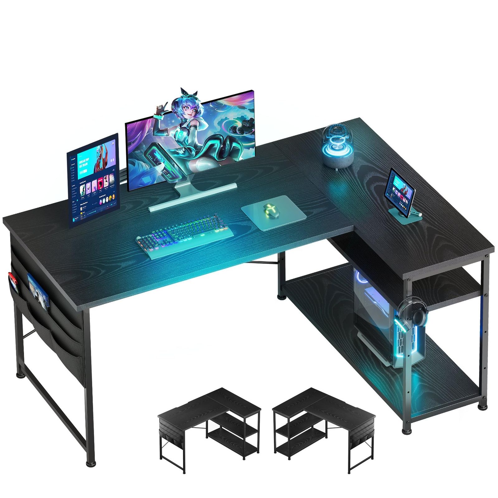 迅速発送 幅107cm 右棚左棚 ゲーミングテーブル 収納袋付きオフィスデスク pcデスク ゲームデスク l字デスク ゲーミング机 つくえ ゲーミングデスク ライティングデスク YeTom 黑い