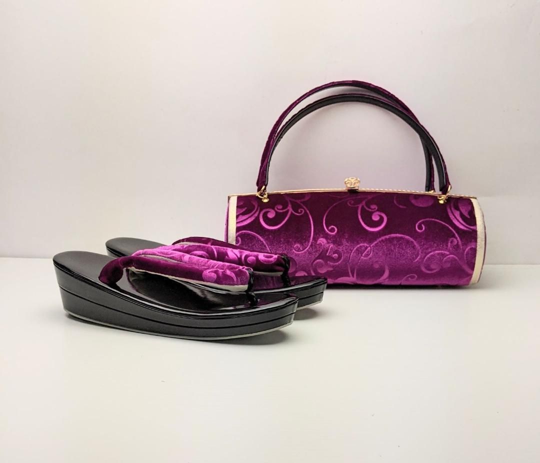 和装 草履バッグセット 振袖用 ベルベット 紫/黒 フリーサイズ u55