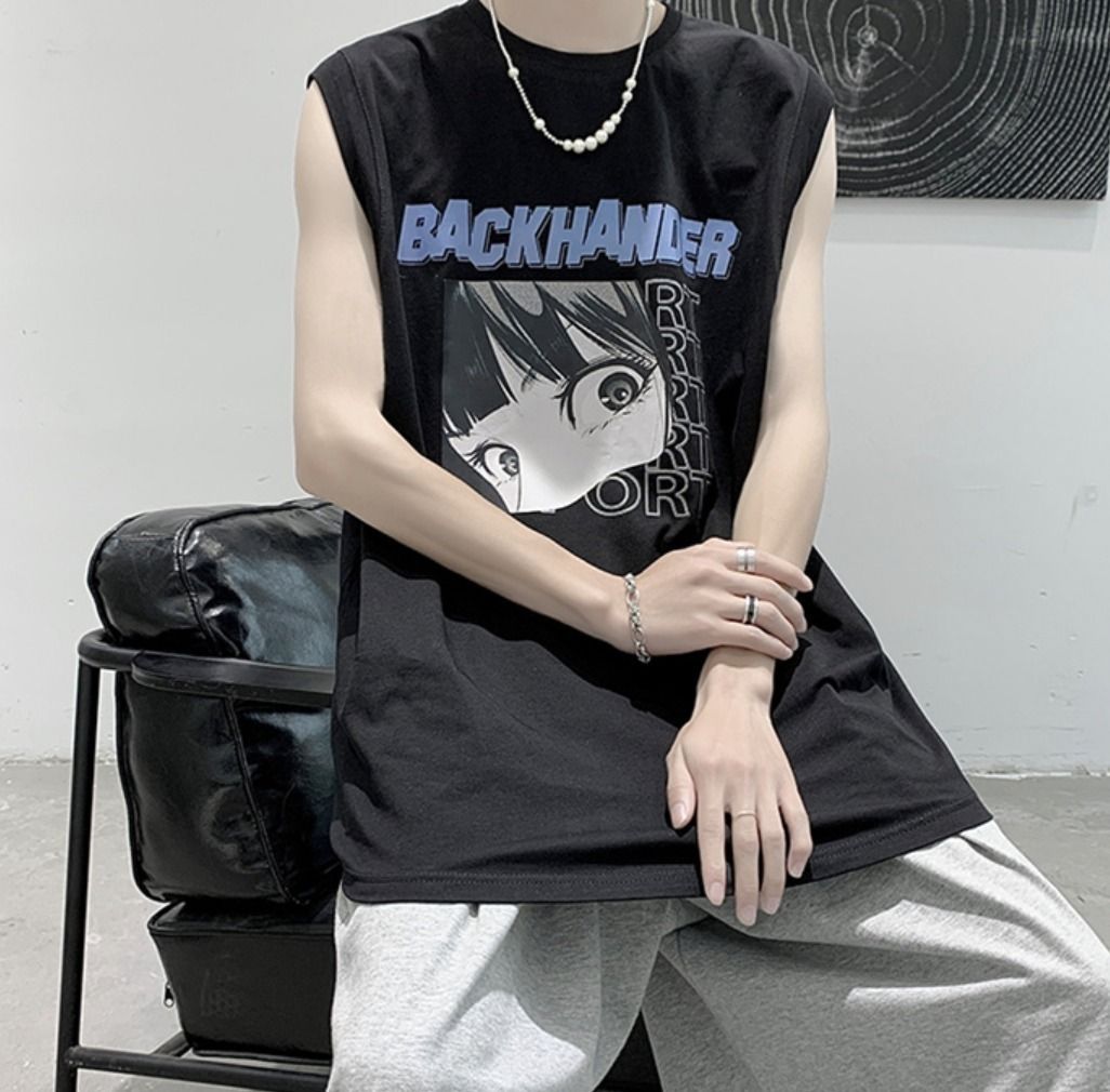 メンズ ノースリーブ タンクトップ イラスト プリント 全3色【0708