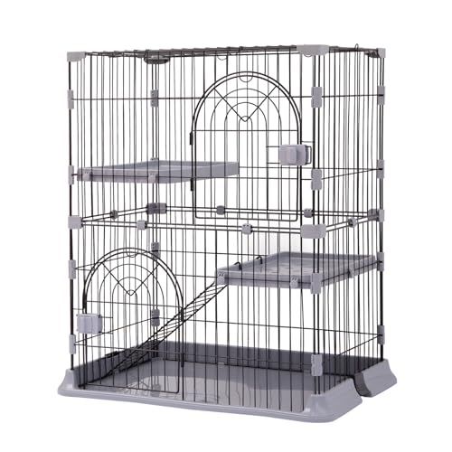 猫 ケージ キャットケージ2段おしゃれ多段留守番保護 脱走防止【グレー】【M】 キャットケージ 猫 2段 ケージ 高級感 おしゃれ 木製フレーム