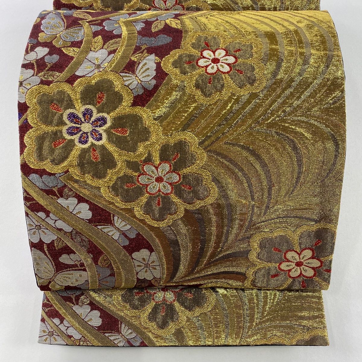 袋帯 美品 秀品 振袖向き 蝶 波 箔 刺繍 金色 六通 正絹 中古