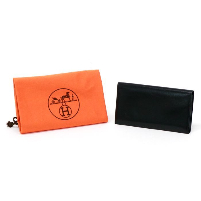 エルメス HERMES オオサカ ボックスカーフ (レザー) F刻印 2002年 長財布 二つ折り財布 コンチネンタルウォレット 札入れ カードケース ヴィンテージ メンズ ノワール (ブラック) 中古 mba08002