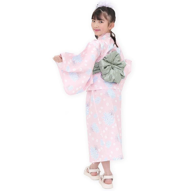 Bee ビー 浴衣3点セット ガールズ 女の子 キッズ 夏 花火大会 お祭り 簡単 花 ダリア マーガレット 絞り 帯 say 00001 120 cm くすみピンク 菊