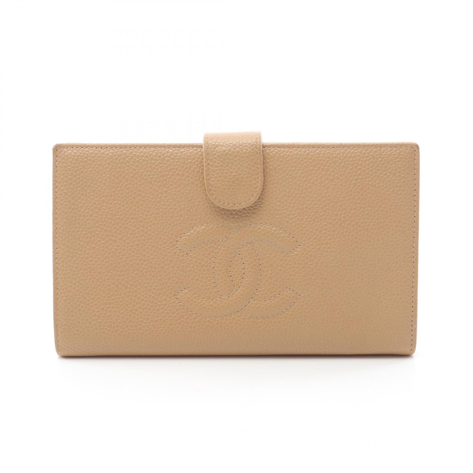 シャネル CHANEL 二つ折り財布 ココマーク がま口財布 ベージュ レザー ココマーク がま口長財布 レディース Used B