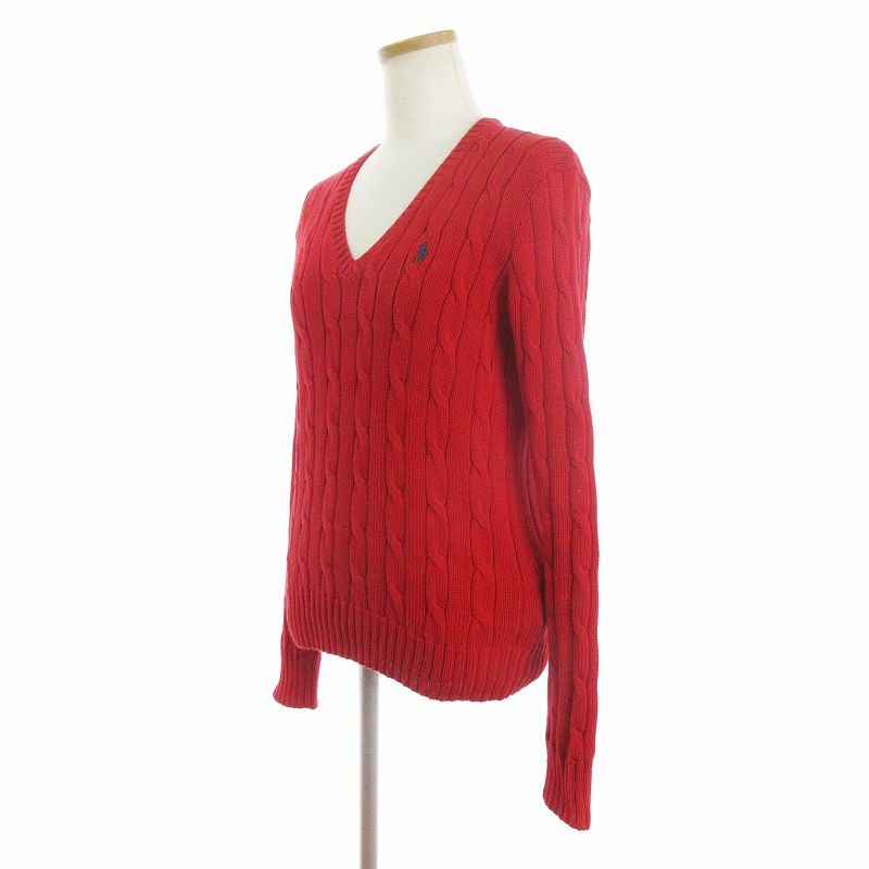 【美品】ポロ ケーブルニット 赤 長袖 ポロ ラルフローレン POLO RALPH LAUREN ケーブルニット セーター V