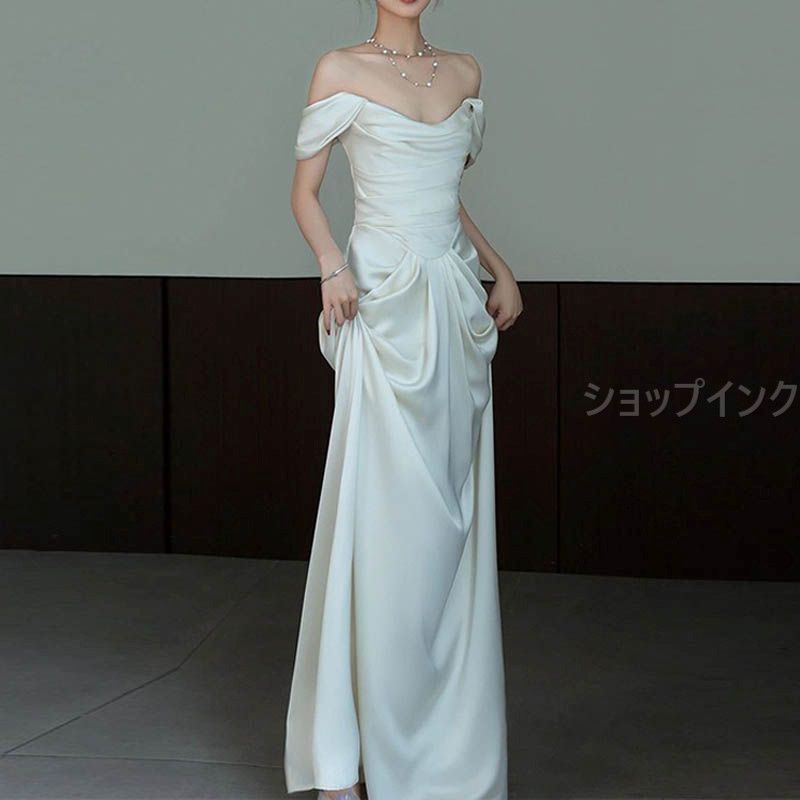 ウエディングドレス ロングドレス 二次会 タイトドレス 花嫁 パーティドレス 結婚式 ウェディグドレス 白ワンピース リゾートウエディング 前撮り オフショルダー 韓国風 シンプル