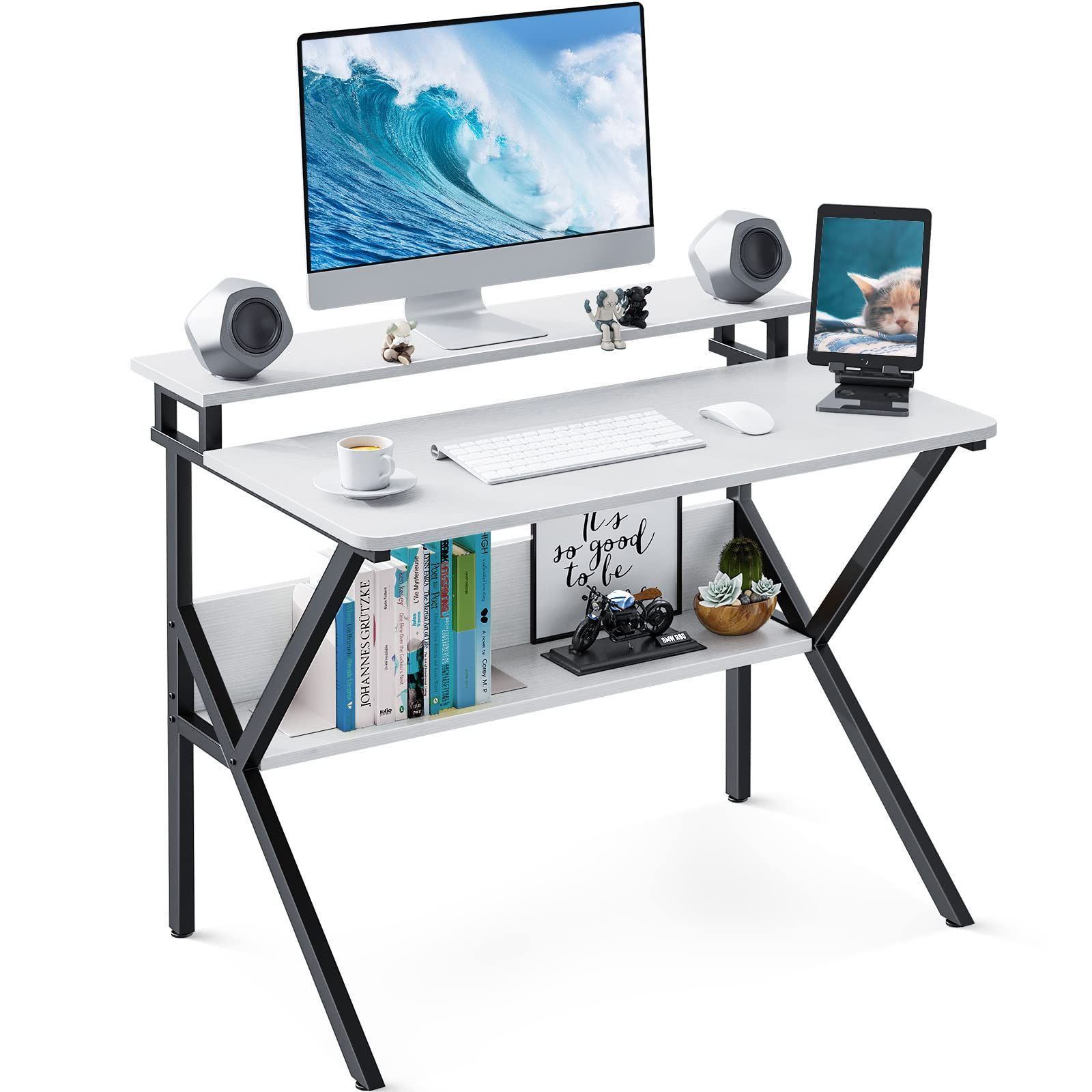 新着商品 勉強机 ゲーミングデスク 小さい 幅70cm×奥行60cm computer モニター台付き desk 棚付き コンパクト テレワークデスク パソコンデスク 省スペース pcデスク 一人暮らし 組立簡単 机 モニターアーム対応 KKL ホワイト