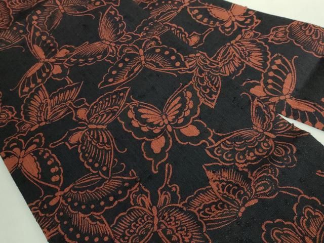 平和屋本店□極上 浦野理一 経節紬 型染 九寸名古屋帯 舞蝶文 黒地 た