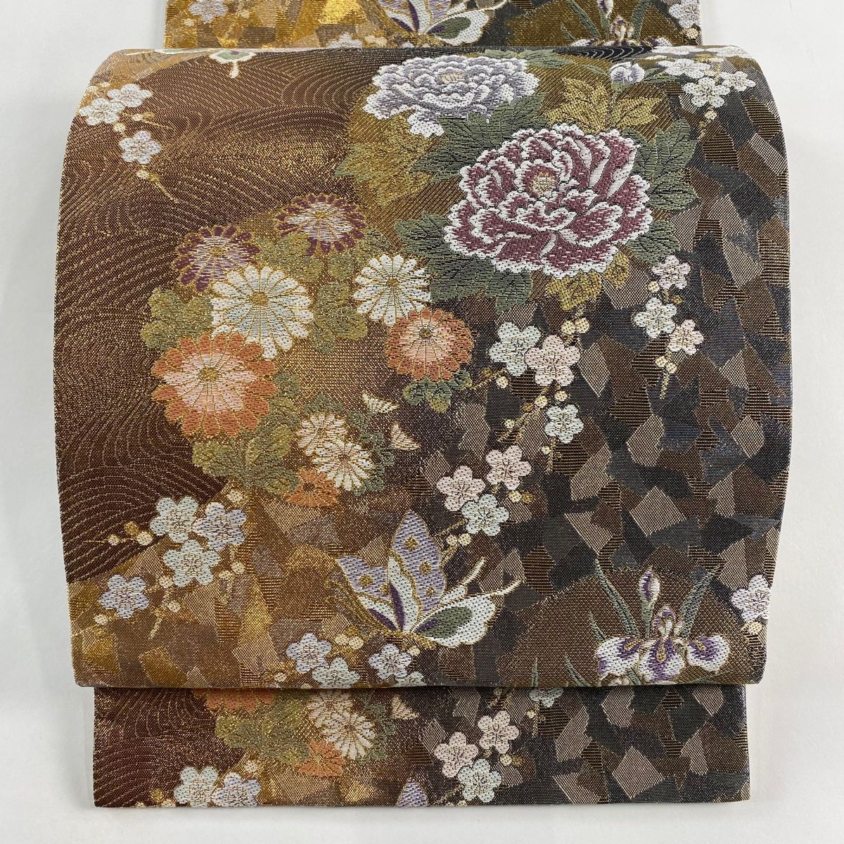 袋帯 秀品 草花 蝶 金銀糸 箔 金色 六通 正絹