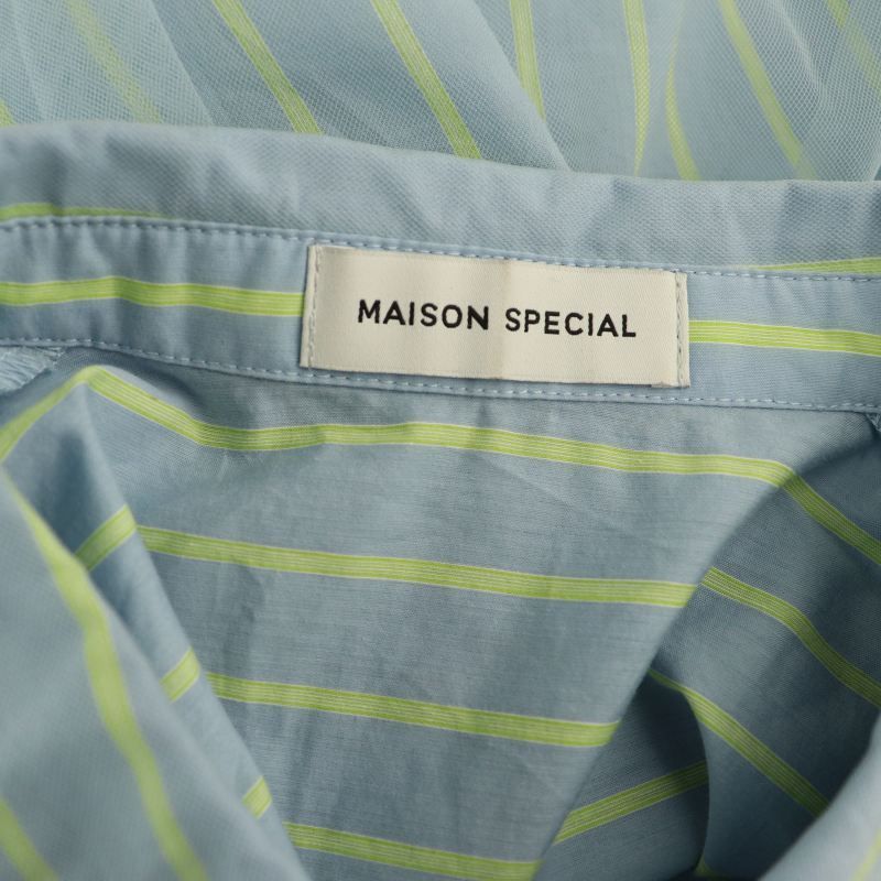 メゾンスペシャル MAISON SPECIAL See-through Layered Tulle Shirt 半袖シャツ ストライプ F サックスブルー イエローグリーン /DF ■OS メゾンスペシャル MAISON SPECIAL See-through Layered Tulle