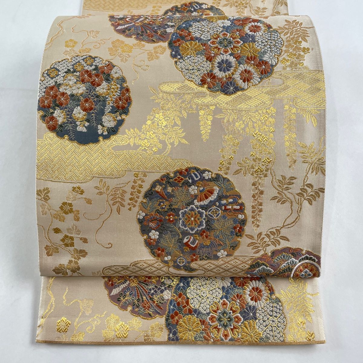 袋帯 秀品 雪輪 花鳥 金糸 箔 クリーム 六通 正絹