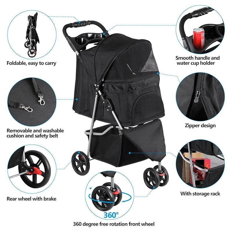 Foldable Pet Stroller for Cats and Dogs ペットカート 3輪