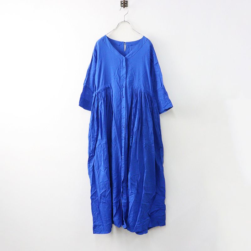 スタジオクリップ studio CLIP タッセルギャザーVネックワンピース M/ブルー フレア ドレス 長袖 前開き【2400014172836】