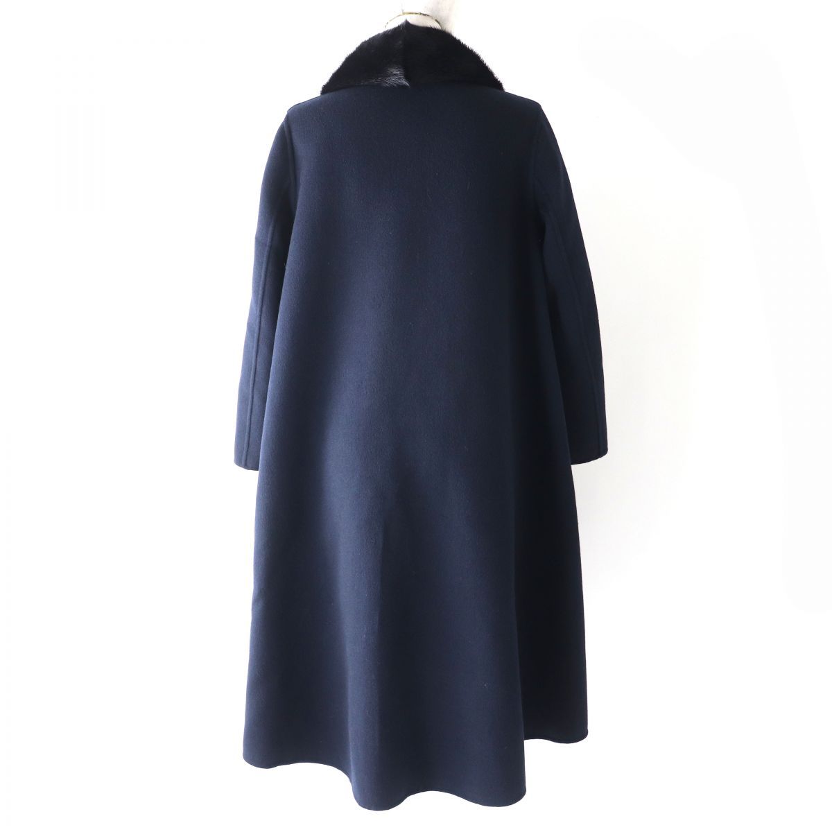 ロングコート 3wayファー付きノーカラーウールコート ネイビー