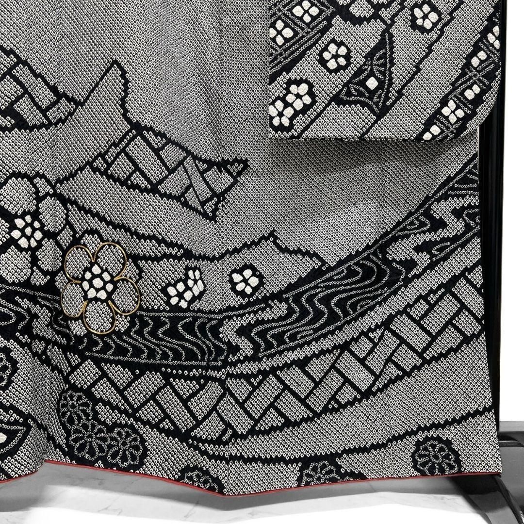 振袖 襦袢セット 総絞り 金駒刺繍 熨斗 花模様 モノトーン 着物