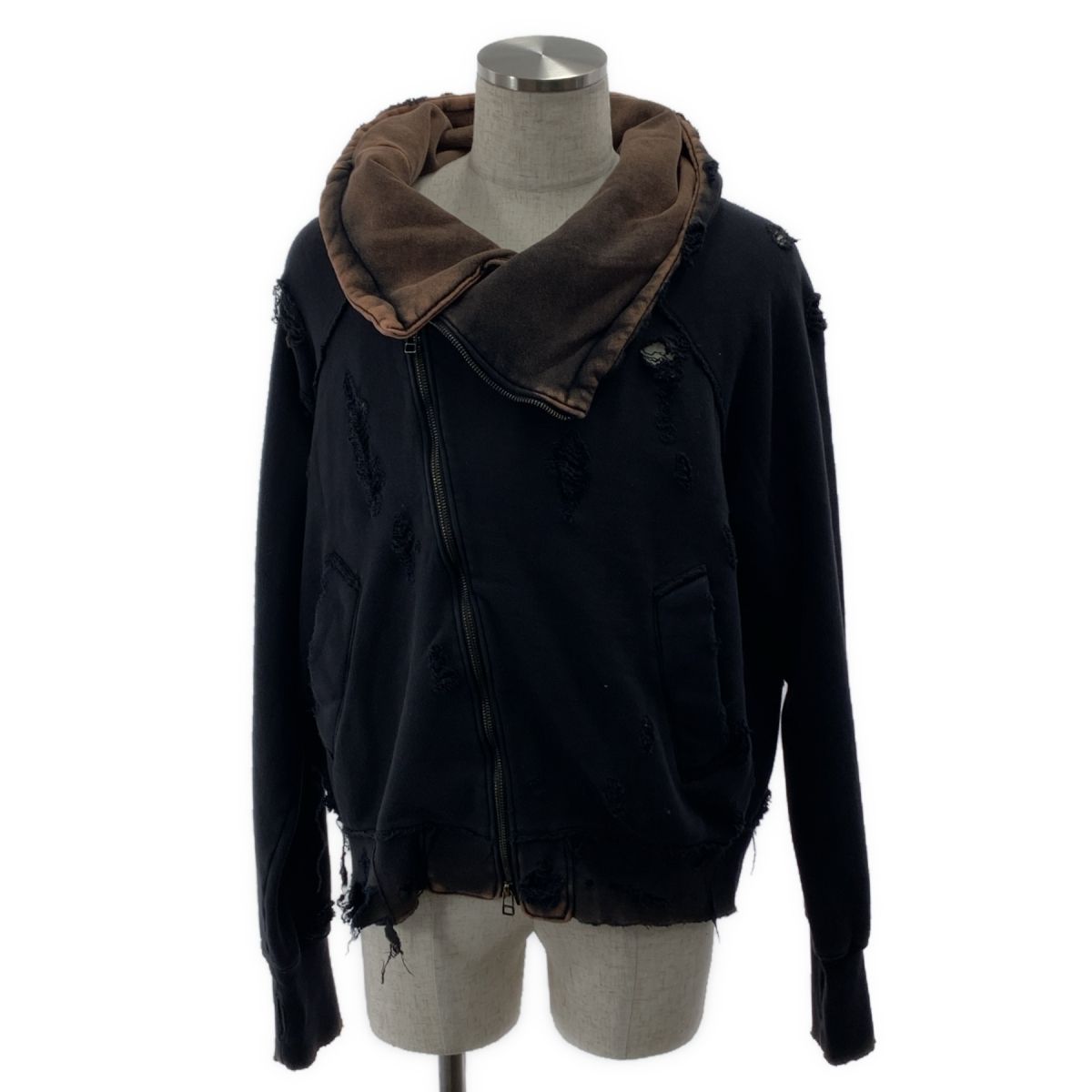 【美品】  SUBLATIONS / サブレーション | SLANT ZIP DAMAGED PARKA / 染め加工 デストロイ スウェット フーディ | 1 | RUSTY BLACK | メンズ