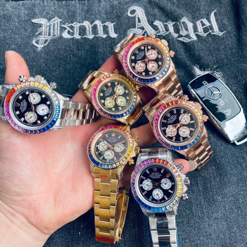 40mm｜虹彩ベゼル×3眼6針｜イタリアンゴムベルト|強化ガラス｜ ｜