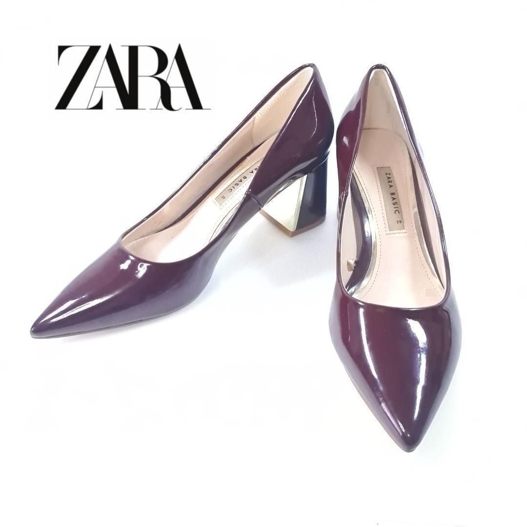 ZARA パンプス ポインテッドトゥ チャンキーヒール 39 ボルドー