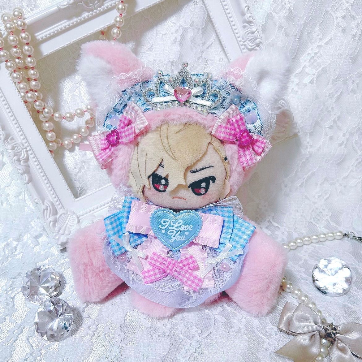 【2点セット】ぬい服 10cm ねこ 白×ピンク 白×水色 みずいろ×ぴんく おすわりねこちゃん10cm ぬい服ちびぐるみ 白ふわ