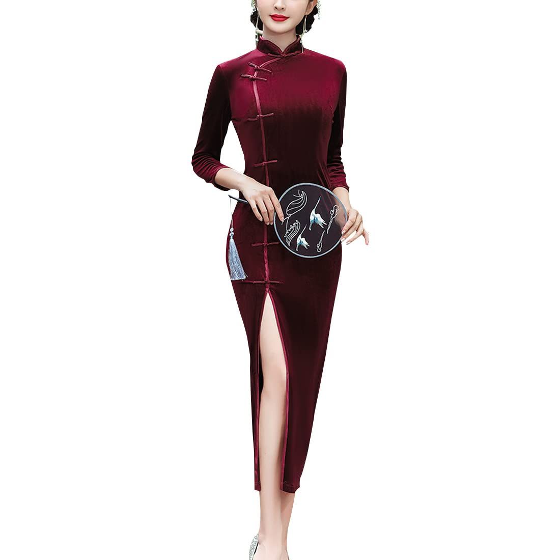 [WBooo] 高級 ベロア チャイナドレス 七分袖 ロング丈 タイトワンピース 中華服 スリット入り レディース パーティードレス (907# 酒红， M)