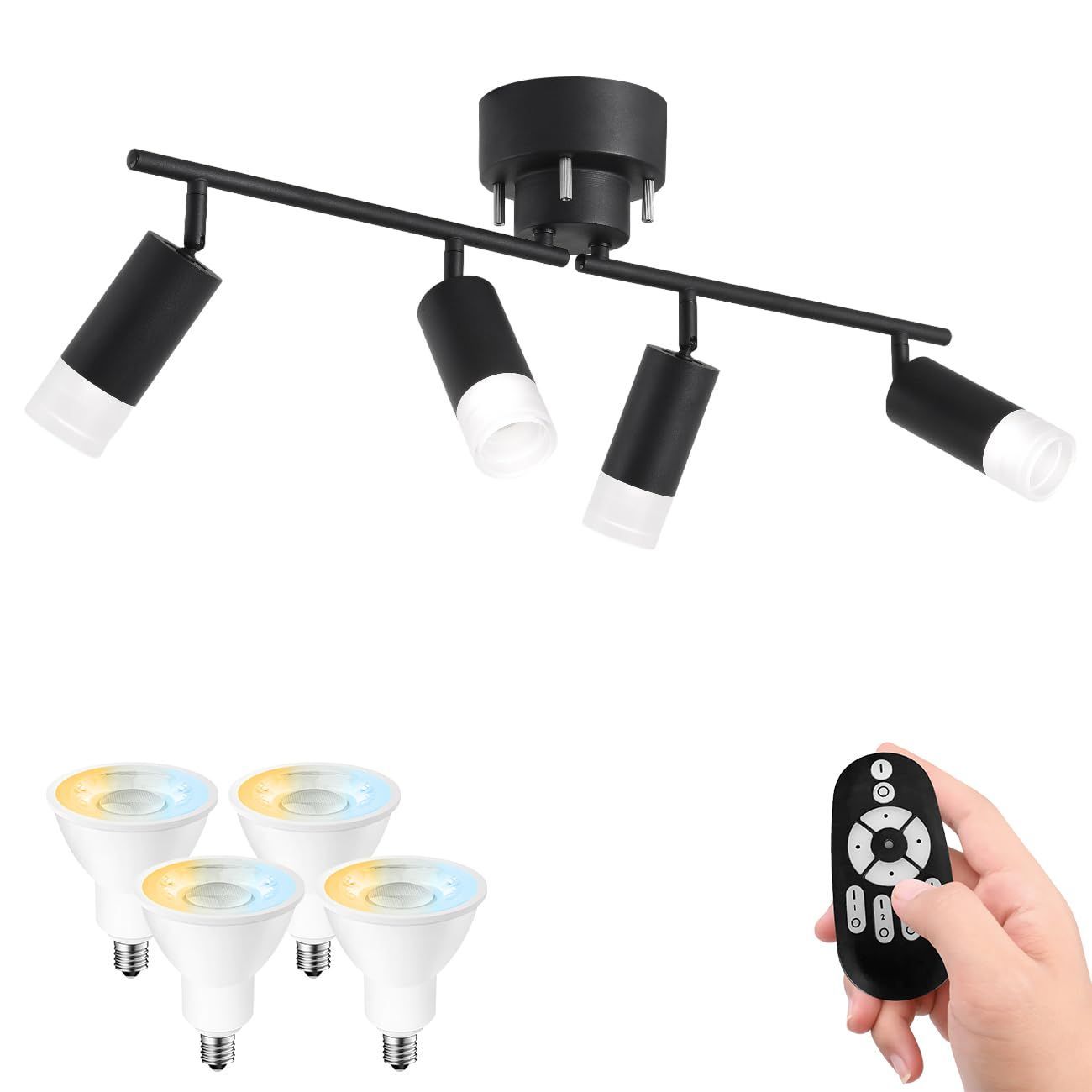 Color:ブラック Pirlamp シーリングライト 4灯 スポットライト 6畳 8畳 消費電力4.5W（40W形相当） E11口金 リモコン操作 円筒ペンダント 北欧 シーリング 折りたたみ式 LED電球付き 調光 照明 アクリ