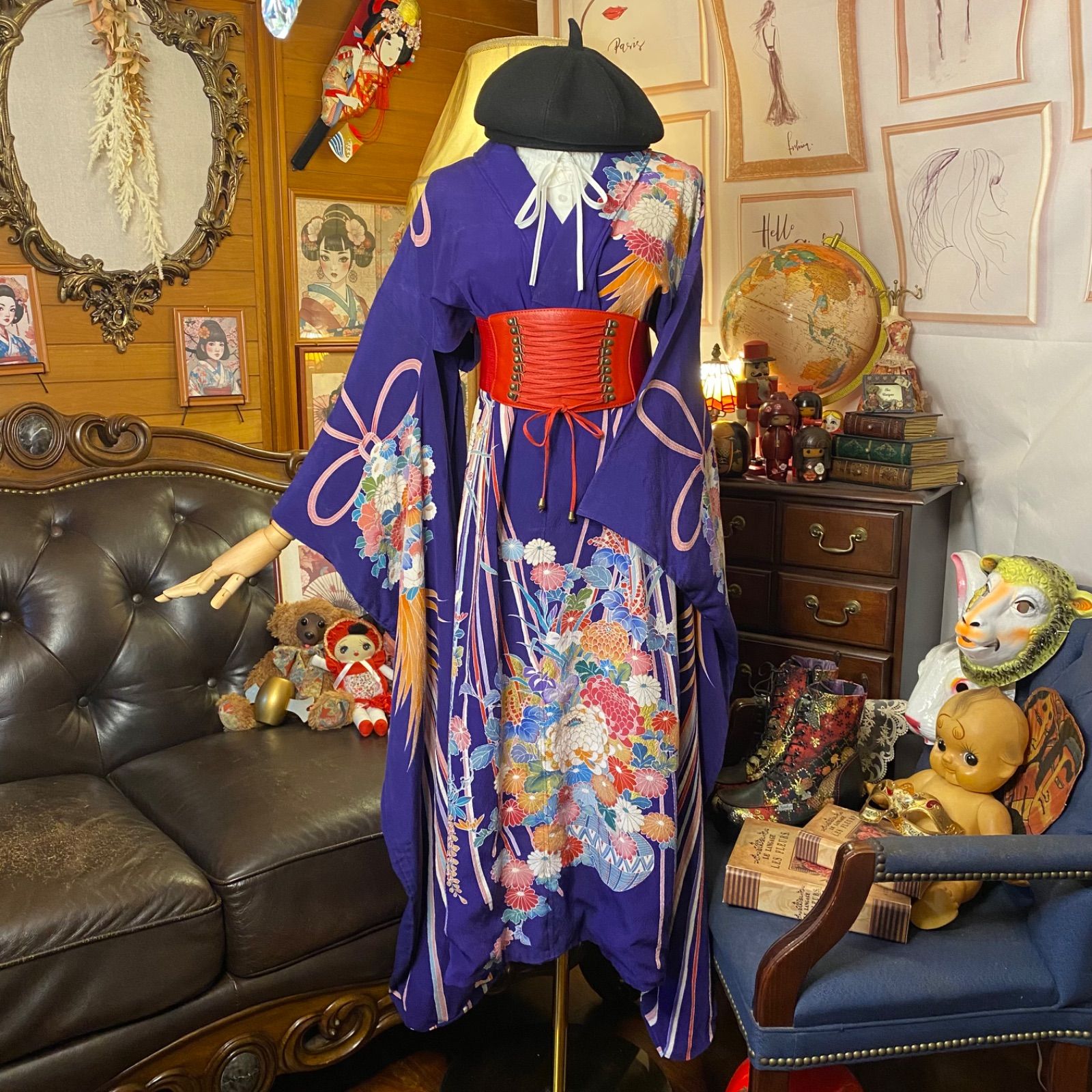 【一点物/美品】お洒落リメイク振袖着物（ベルト付き） 一点物/美品】お洒落リメイク振袖着物（ベルト付き）