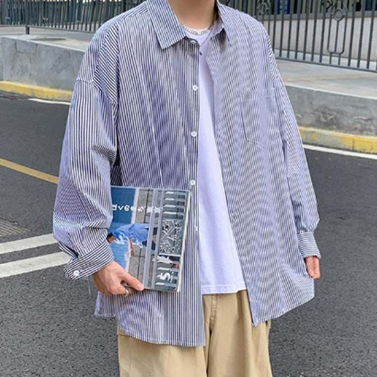 長袖 シャツ メンズ 春秋 ストライプ ゆったり カジュアルシャツ