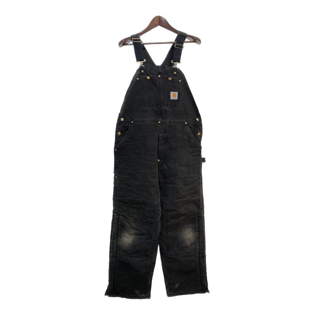 90'sUSAビンテージカーハート中綿ダブルニーオーバーオール黒W46L30古着 90年代 USA製 Carhartt カーハート ダック ダブルニー ビブ