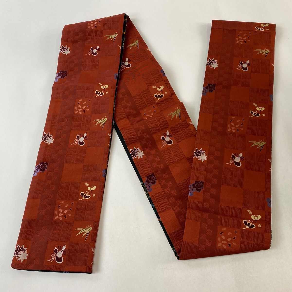 名古屋帯 美品 秀品 紬地 縞 オレンジ 正絹 【中古】（名古屋帯 美品 