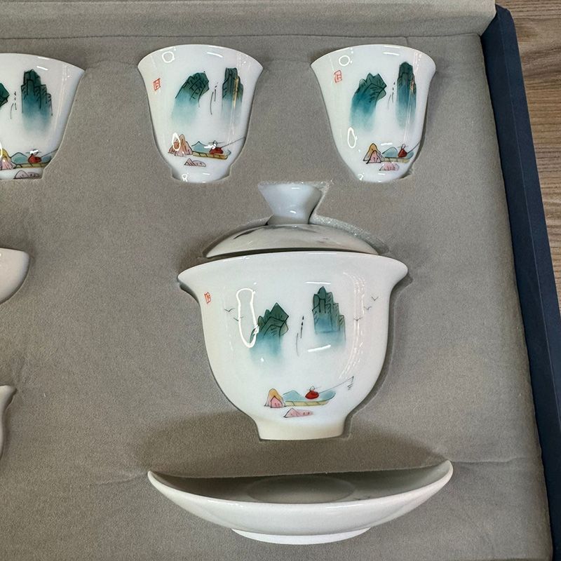 高山流水」手描き 羊脂玉磁器 光沢仕上げ 茶器11点セット 父の日 母の