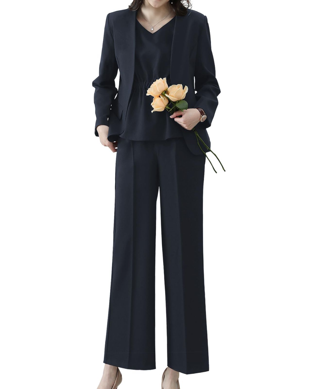 Color ネイビー_Size 2XL Yino イノ セットアップ 3点セット レディース パンツスーツ ジャケット＋ブラウス ワイドパンツ 体型カバー 洗える スーツ 着?せ おしゃれ 女性らしい ママ 通勤 入学式 卒業式 面接