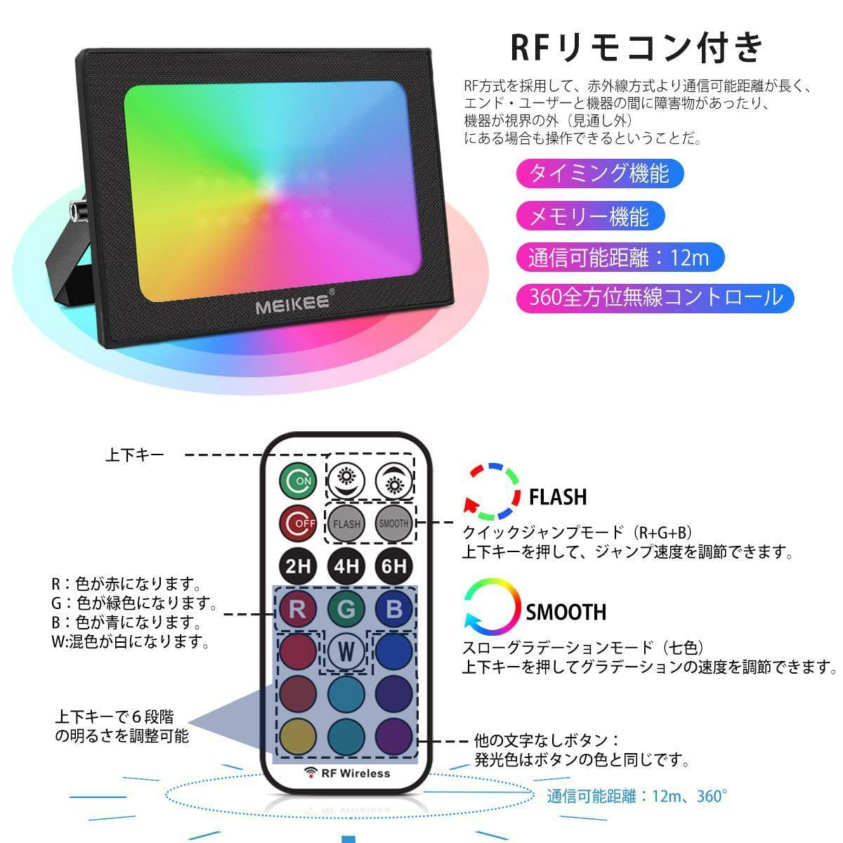 6台-10W LED投光器RGB リモコン付き 調光調節 広角イルミネーション