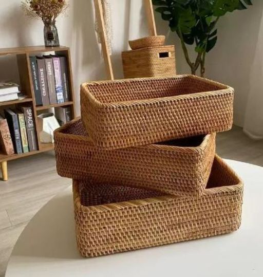 【新品・未使用品】ラタンのカゴ　4個セット！　おしゃれラタンカゴ ラタン製 収納ボックス スクエア 四角かご バスケット 籐