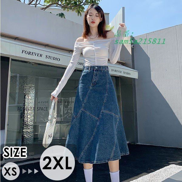 デニムスカート レディース ヴィンテージ デニム素材 ストレッチ ミモレ丈 体型カバー H型 無地 通勤 痩せ見え am5a215811