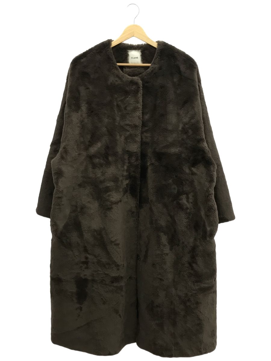 CLANE クラネ☆ノーカラーリコファーコート 2 ブラウン 訳あり CLANE（クラネ）の「CLANE/クラネ/NO COLLAR LICO FUR COAT/ノー