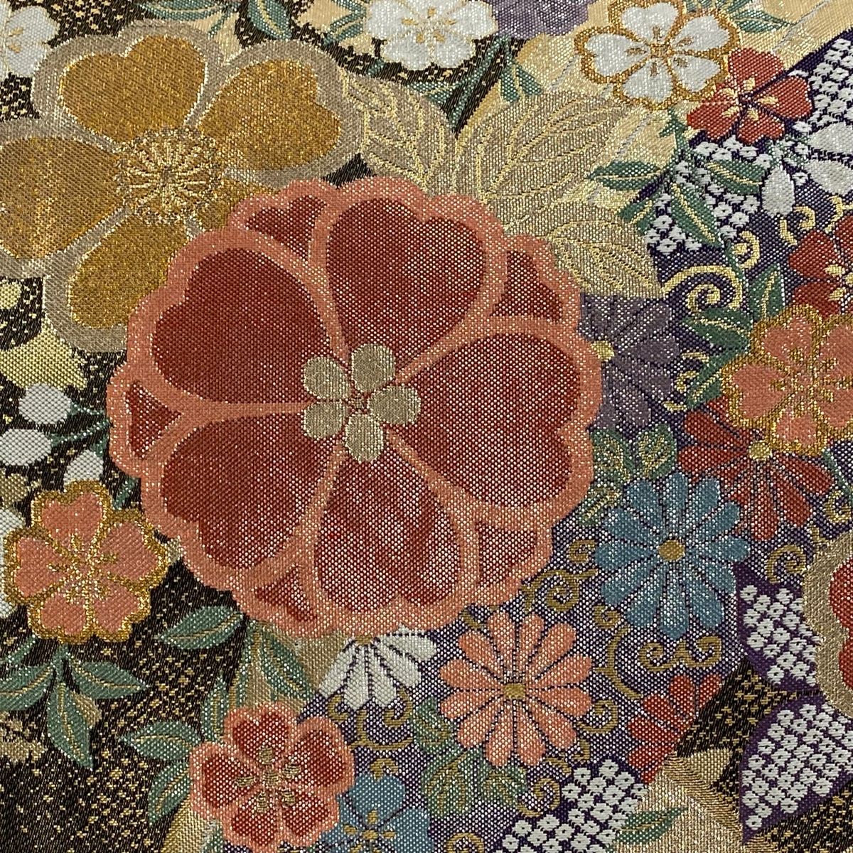 袋帯 秀品 桜 疋田 金銀糸 箔 金茶 六通 正絹