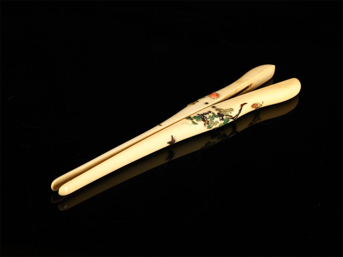 時代 東洋彫刻 芝山象嵌 花鳥虫象嵌 簪 かんざし 長20.2㎝ 重56㎝ 象嵌の落としあり 1156