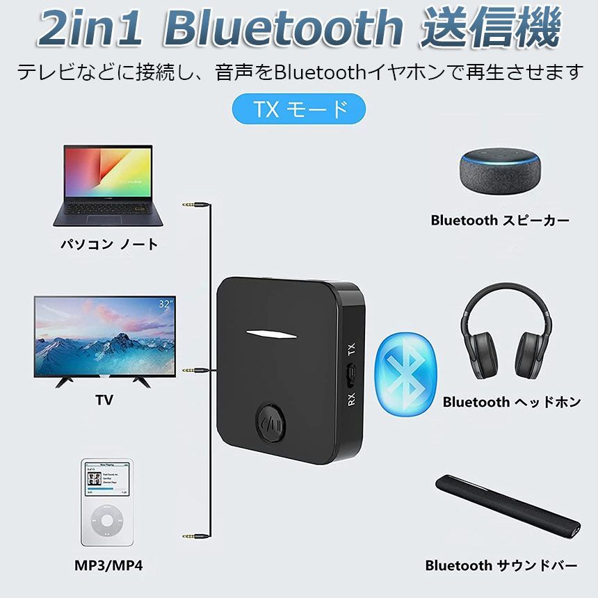 Bluetooth5.0 トランスミッター レシーバー 1台2役 送信機 受信機 充電式 無線 ワイヤレス 3.5mm