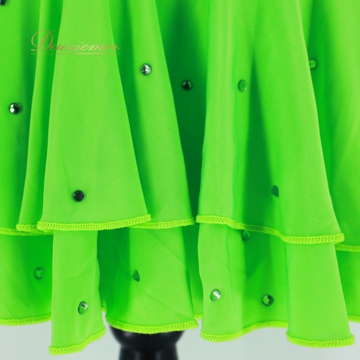 社交ダンス 衣装 ラテン ドレス ワンピース 黄緑 蛍光 デモ 競技  