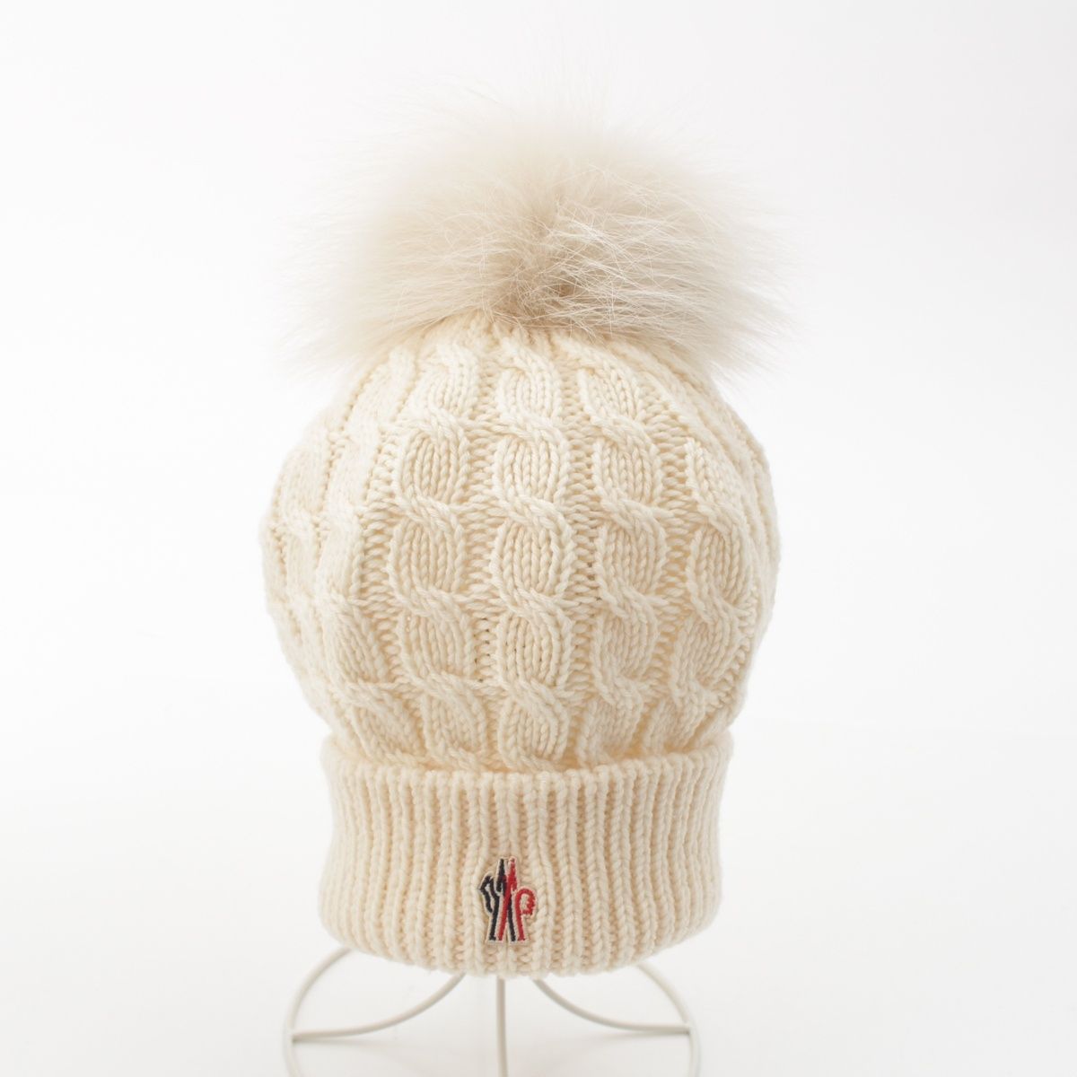 MONCLER ファー付きニット帽 アイボリー リアルFOXファー