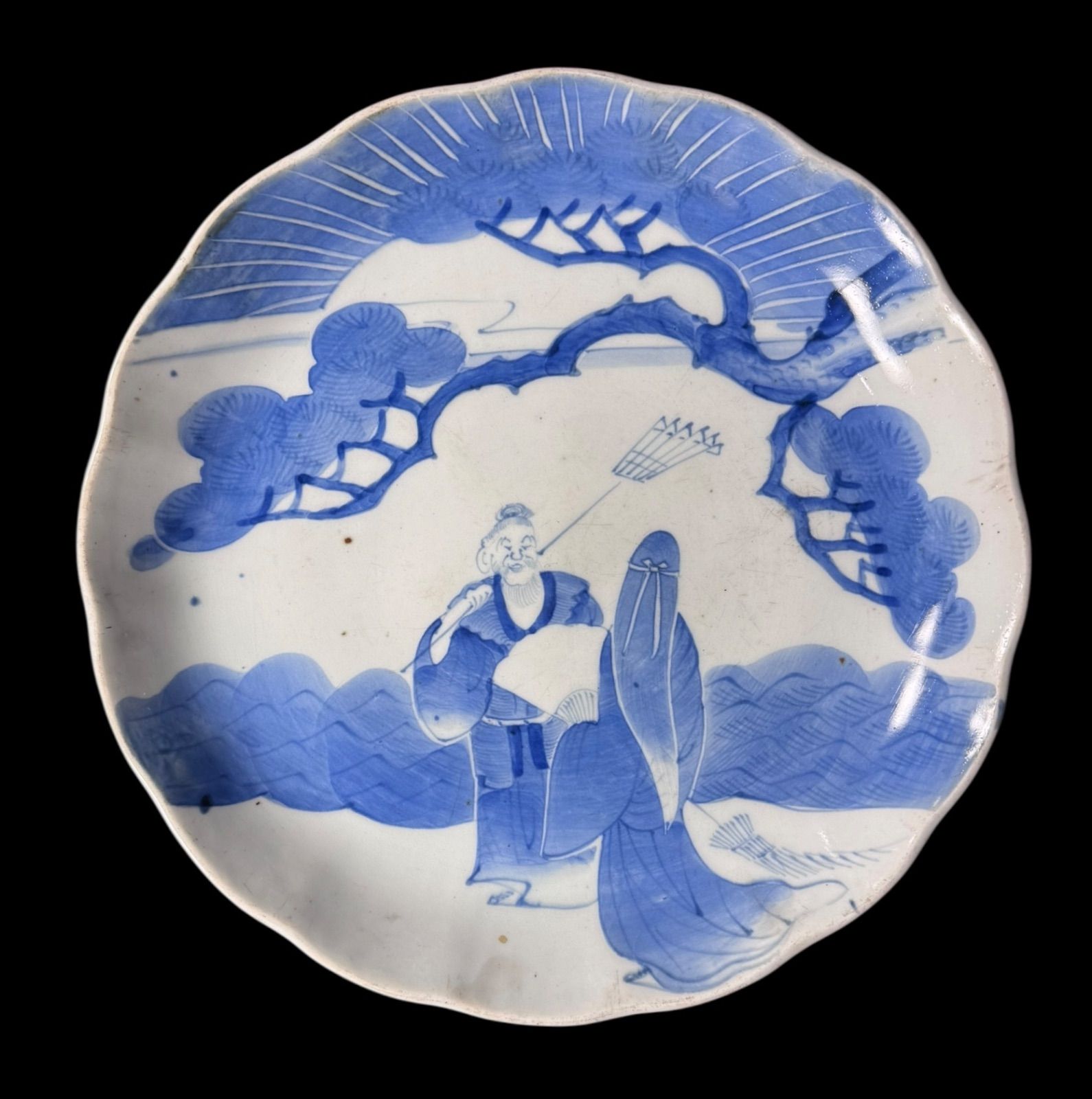 古伊万里 装飾皿 松仙人人物図 染付 明治 丸皿 盛り皿 飾り皿 古伊万里 