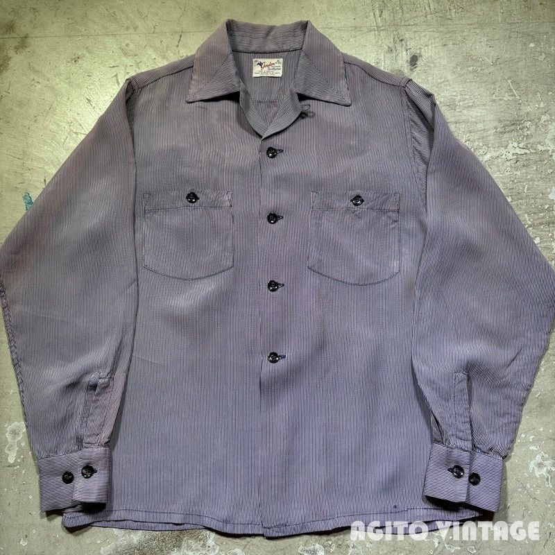 50 s Gordon Sportswear ゴードンスポーツウェア ピンストライプレーヨンオープンカラーシャツ 開襟 S