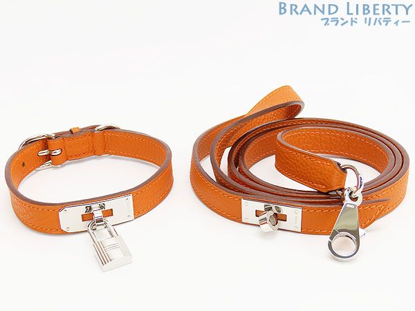 エルメス HERMES ケリー ペット用 ドッグ用 犬用 首輪 ドッグ リードセット オレンジ シルバー金具 レザー □I □K