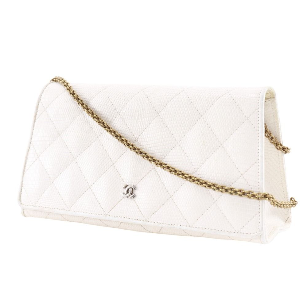 CHANEL シャネル チェーンショルダー マトラッセ ココマーク リザード 白 レディース ショルダーバッグ