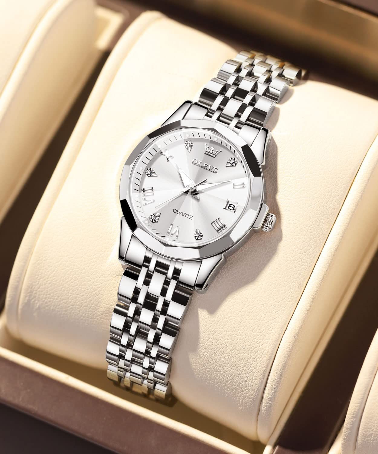 おしゃれ クォーツ時計 アナログ レディース 防水 日付 シルバー腕時計 かわいい 腕時計 カジュアル 小さいとけい腕時計レディース ステンレスバンド ファッション女性腕時計 ギフト OLEVS ホワイト Watch f