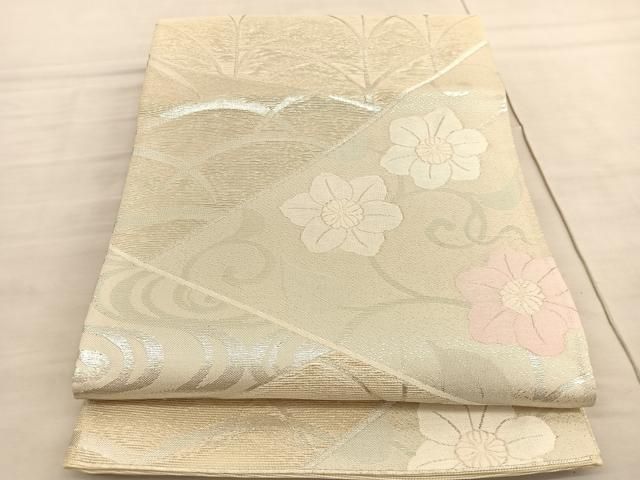 平和屋着物＊夏物　西陣　六通柄袋帯　草花文　銀糸　正絹　逸品　BAAV5367hv 平和屋着物＊夏物 西陣 六通柄袋帯 草花文 銀糸 正絹 逸品 BAAV5367hv