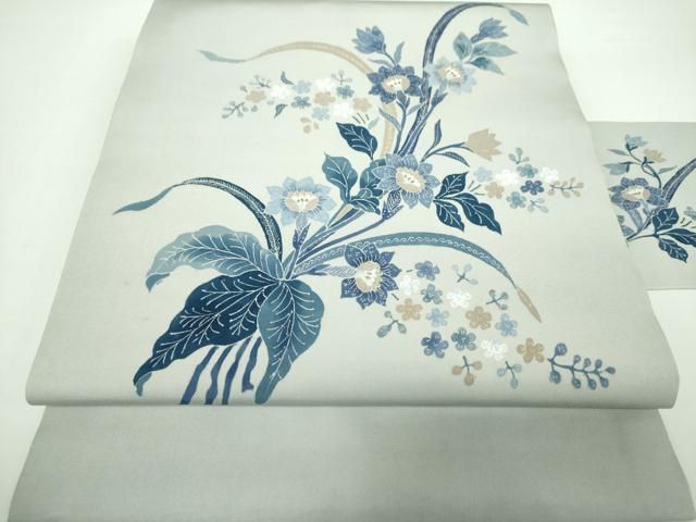 平和屋着物○藍友禅作家 橋詰清貫 塩瀬 九寸名古屋帯 草花