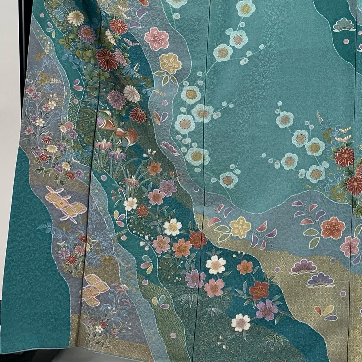 訪問着 身丈169cm 裄丈67cm M 袷 鴛鴦 菊 金彩 薄青緑 正絹 秀品
